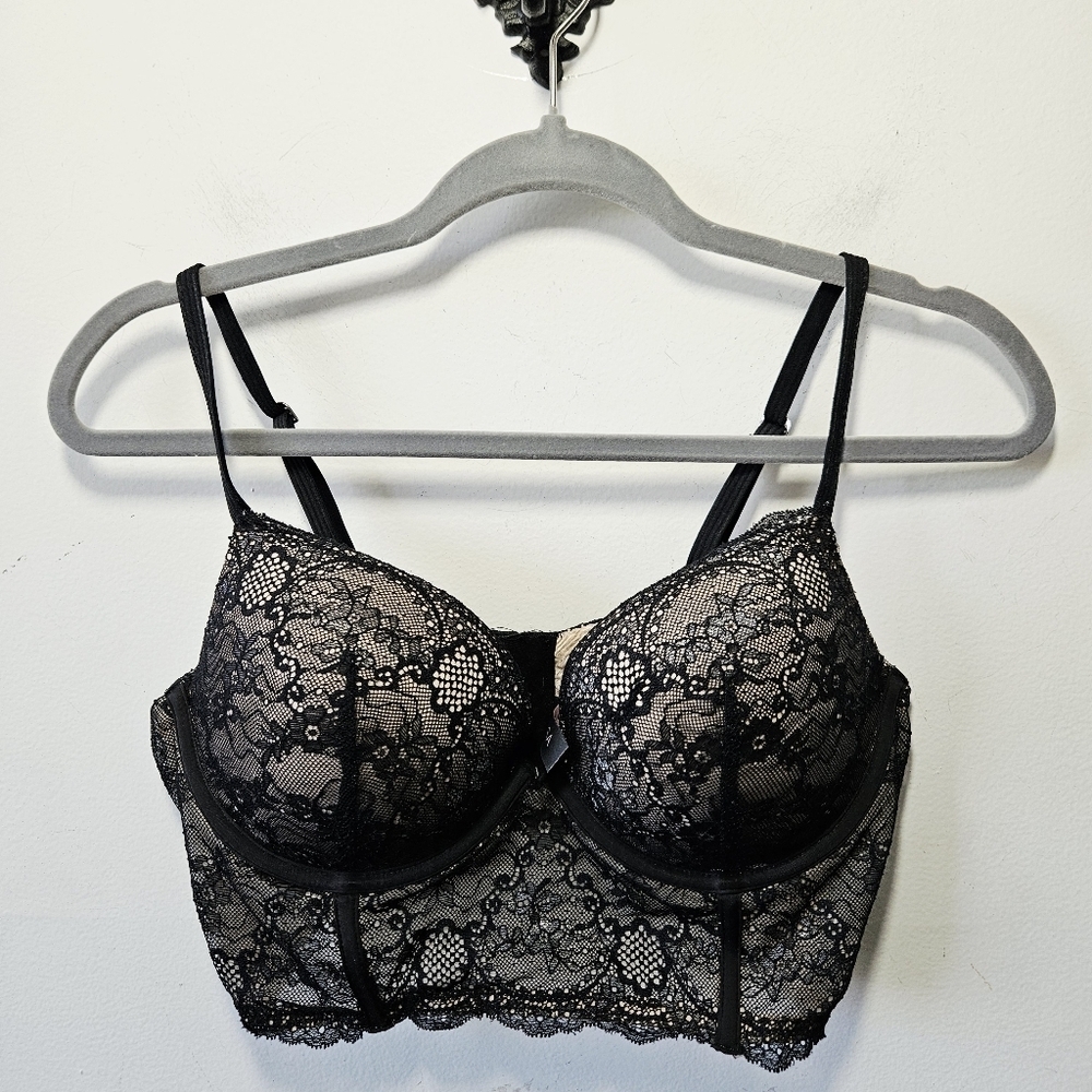 Parisa Longline Padded Push Up Bra Size 36D Black Lace EUC